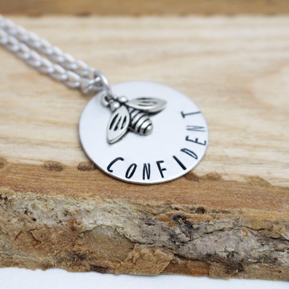Bee Confident Hand Stamped Pendant Necklace - Handmade - 18" Chain - Picture 6 of 6
